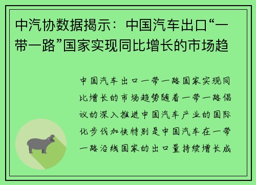 中汽协数据揭示：中国汽车出口“一带一路”国家实现同比增长的市场趋势